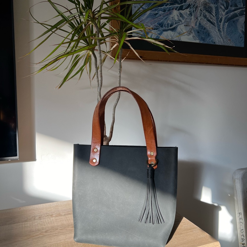 NWOT Elegant Black and Brown Leather Mini Tote Bag